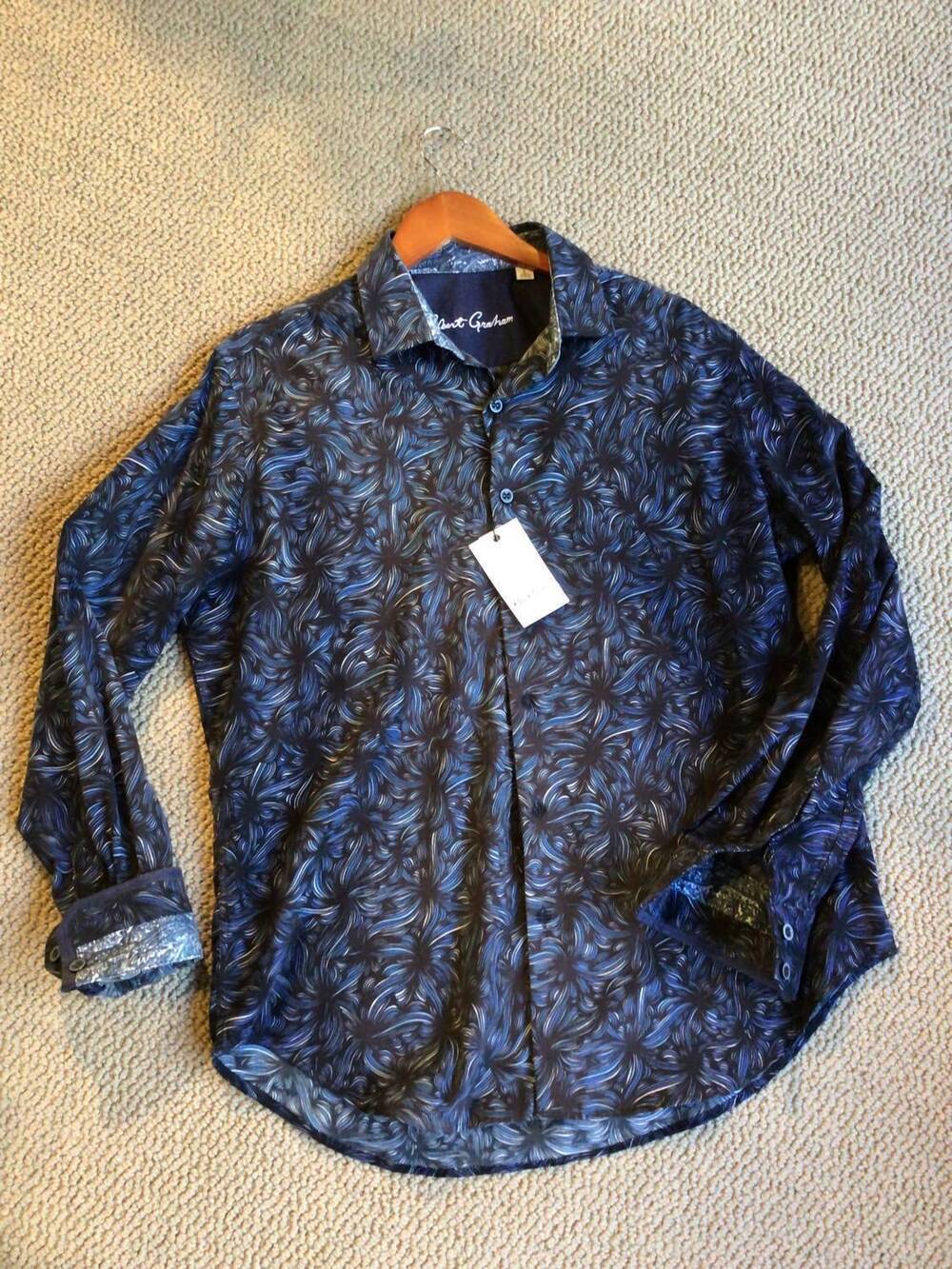 NEW ROBERT GRAHAM men's supernova long sleeve sport shirt in navy
